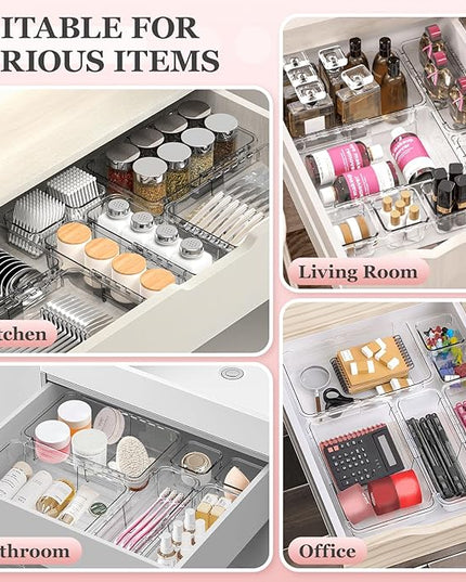 DILIBRA 16 Pcs Clear Extendable Drawer Organizer, Adjustable Drawer Storage 3-Size Desk Drawer Organizer, Plastic Non-Slip Storage Bins for Makeup, Cosmetic, Jewelries, Utensils, Stationery, Dressers