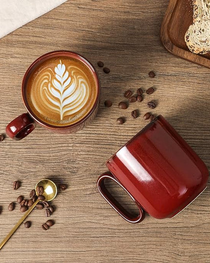 vicrays Ceramic Coffee Mug Set - 18 Ounce Large Stoneware Mug for Men Women - Unique Glazed Porcelain Mugs with Handle for Coffee Latte Tea Milk Cocoa - Set of 4 (Cherry Red)