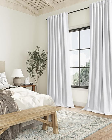 Guken White Linen Blackout Curtains 96 Inch Length 2 Panels Set for Living Room Bedroom Back Tab Thermal Insulated 100% Black Out Linen Drapes Room Darkening Window Curtains Pure White