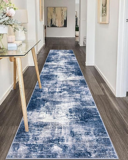 IOHOUZE Abstract Runner Rug 2x10 Ft Washable Runners for Hallways, Non Slip Kitchen Runner Printed Faux Wool Entryway Runner Indoor, Modern Abstract Floor Carpet for Hall Kitchen, Navy/Grey