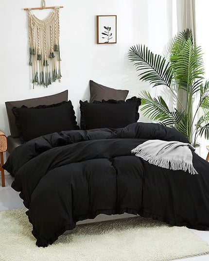 CLOTHKNOW Black Ruffles Comforter Set King Size Farmhouse Bedding Comforter Sets Shabby Chic Comforter Boho Comforter with 2 x Pillowcases