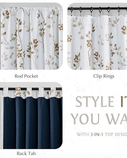 Beauoop Floral 100% Blackout Curtains 63 Inch Length 2 Panels for Bedroom Living Room Tan Brown and White Flower Patterned Room Darkening Thermal Soundproof Rod Pocket Back Tab Window Drapes, 52X63