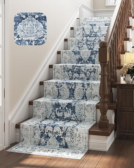 jinchan Fiora Hallway Runner Rug 3x8 Machine Washable Runner Rug Dark Blue Vintage Floral Design Non-Slip Low Pile Ultra-Thin for Kitchen Laundry Room Bedroom Farmhouse (3‘x8', Dark Blue)