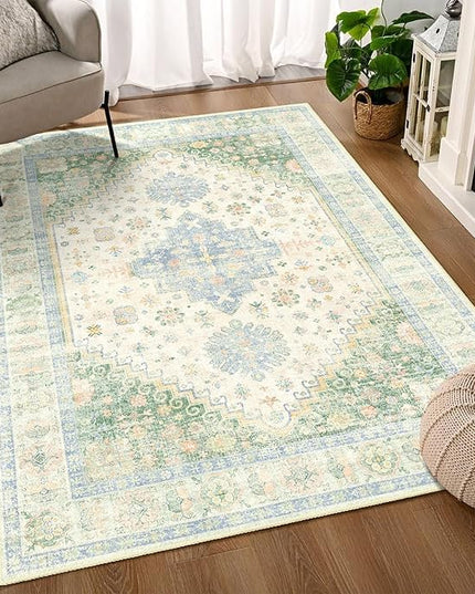 MUJOO 3x5 Rug Washable,Boho Area Rug for Bedroom Entryway Living Room Bathroom,Small Non Slip Indoor Throw Carpet Low Pile Light Green and Blue