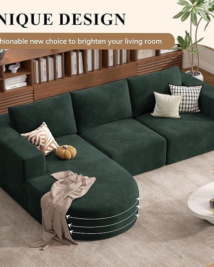 Modular Sectional Sofa with L-Shape Chaise,Cloud Sectional Modern Sleeper Couch with Deep Seat,Sponge Compression Sofas No Assembly Required (Green-Corduroy Fabric) 1PCS