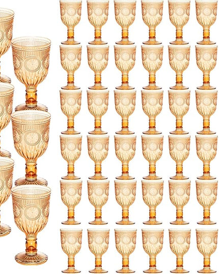 48 Pack Vintage Wine Glasses, Plastic Reusable 12 Ounce Colored Water Goblets, Unique Flower Embossed Pattern Unbreakable Stemmed Wine Glasses High Clear Wedding Party Bar Drinking Cups Amber