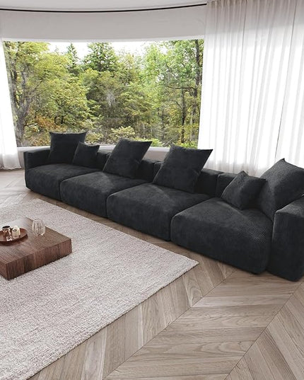 JACH 181" Oversized Corduroy Sectional Couch, Deep 4-Seats Sectional Sofa, Huge Plus Convertible Soft Sofas, Minimalist Modular Couches for Living Room, Office, Apartment, Black