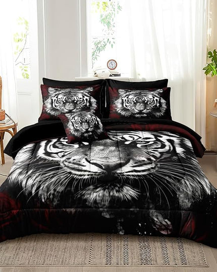 Bedbay Tiger Comforter Set Queen Size Rose Floral Bedding Set Wild Animal Print 8 Pcs Queen Bed in a Bag Set Boys Teen Room Decor Animal Tiger Bedding Comforter Set with Sheets (Tiger,Queen)