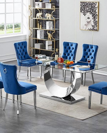 7 Piece Dining Table Set, Modern Glass Dining Table Set for 6, 70" Luxury Glass Table w/Silver Stainless Steel Base & 6 Blue Tufted Chairs, Kitchen Dining Room Sets for 6 for Breakfast Dinner Dinette