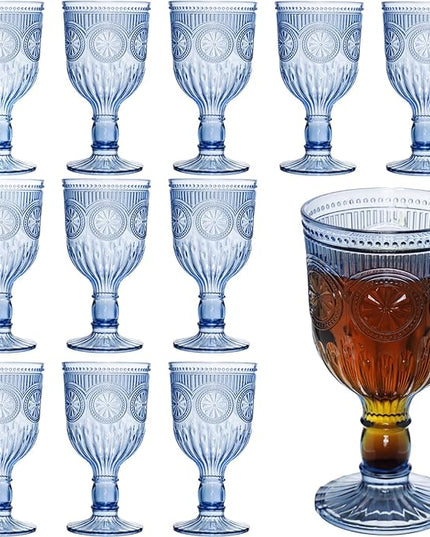 12 Pack Vintage Wine Glasses, Plastic Reusable 12 Ounce Colored Water Goblets, Unique Flower Embossed Pattern Unbreakable Stemmed Wine Glasses High Clear Wedding Party Bar Drinking Cups Blue