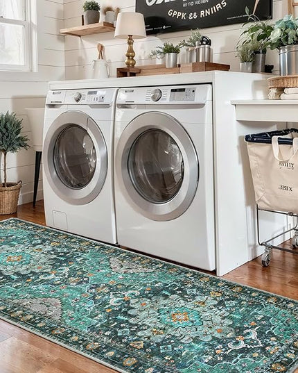 Ciicool Washable Runner Rug Nonslip, 2'x6' Teal Hallway Rug Non-Slip Vintage Kitchen Rugs Carpet Runner for Bedroom Laundry Bathroom Decor