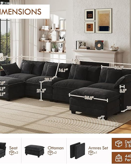 WorthFurni 146” Oversized Modular Sectional Sofa, U Shaped Cloud Couch Set, 4-Seater Comfy Chenille Couches with 2 Movable Ottomans, DIY Combination for Living Room (Black)