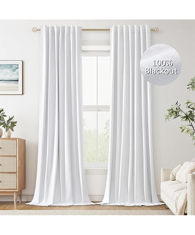 Guken White Linen Blackout Curtains 108 Inch Length 2 Panels Set for Living Room Bedroom Back Tab Thermal Insulated 100% Black Out Linen Drapes Room Darkening Window Curtains Pure White