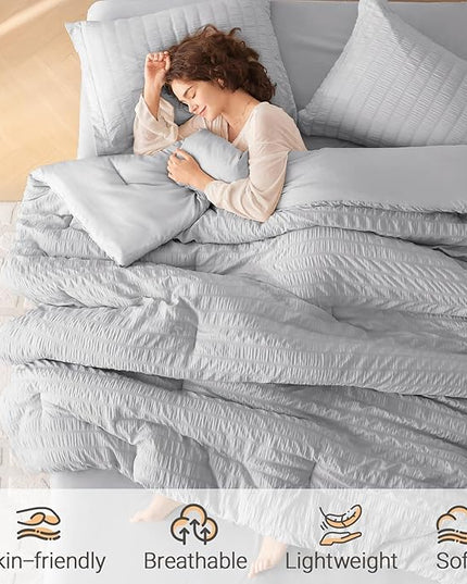 MUXHOMO 5 Pieces Twin XL Comforter Set, Seersucker Bed in a Bag Twin XL Size, All Season Luxury Bedding Set with Comforter, Flat Sheet, Fitted Sheet, Pillowcase & Sham, Light Grey