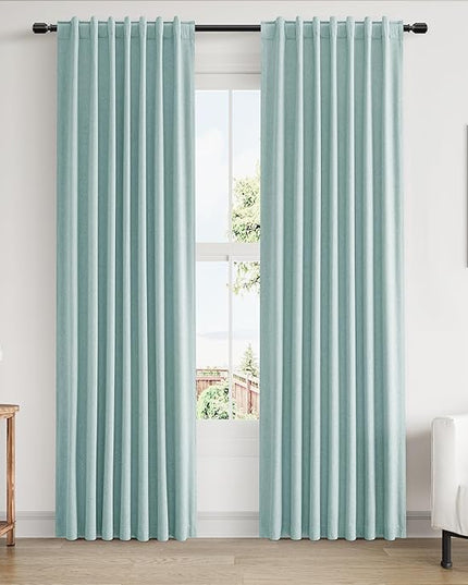Guken 100% Blackout Linen Curtains 80 Inch Length 2 Panels Set for Living Room Bedroom Back Tab Thermal Insulated Black Out Linen Drapes Room Darkening Window Curtains,Light Blue