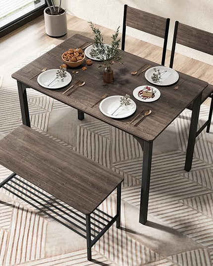 COSTWAY Dining Table Set for 4, Rectangular Kitchen Table Set with Bench and 2 Chairs, Storage Rack & Metal Frame, 4-Piece Dining Room Table and Chairs Set for Small Space, Apartment (Grey)