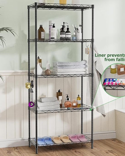 Storage Shelves,21.3" W x 11.8" D x 58.5" H Wire Shelving Unit Loads 550LBS,5-tier Adjustable Metal Utility Shelf,Garage Shelves with Liner and Hooks,Home Storage Rack for Kitchen,Laundry,Pantry