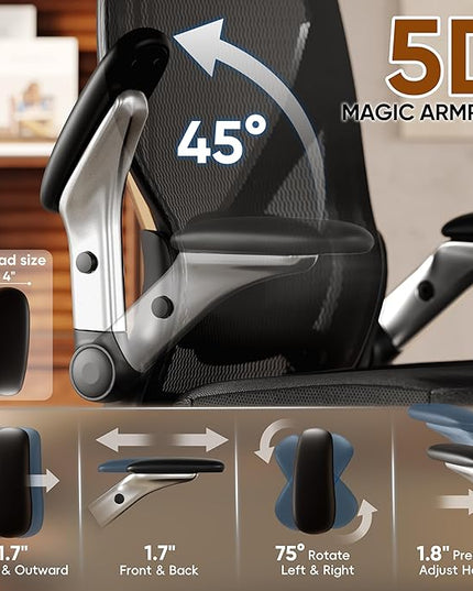 GABRYLLY Ergonomic Office Chair, Home Mesh Desk Chair with Adjustable Lumbar Support, 5D Arms & Wide Seat, 135° Recline Big and Tall Computer Chairs for Work Gaming, Heavy Duty,300LBS