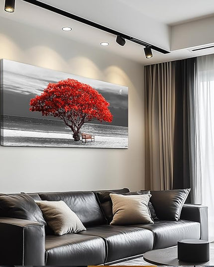 wall art for living room Decorations Photo Prints - panoramic black and white with red trees The moon Landscape - Modern Home Decor The room Stretched and Framed Ready to Hang artwork 20x40inches