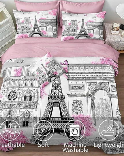 Bedbay 8 Pieces Pink Comforter Set Full Size Paris Bedroom Comforter Pink and Grey Comforter Set Full Bed in a Bag Eiffel Tower Beautiful Blossom Floral Paris Themed Bedroom Decor