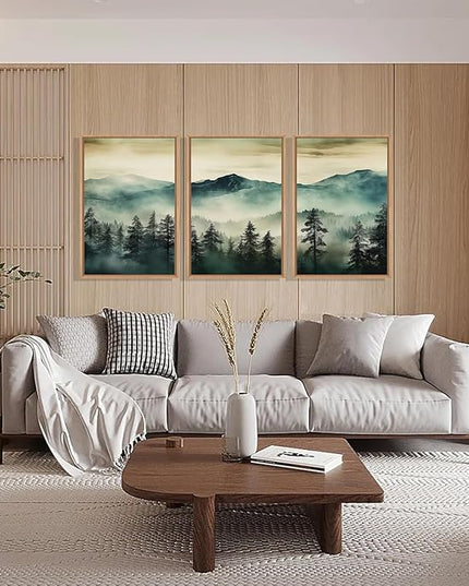 HOURIA Large Boho Mountain Forest Framed Canvas Wall Art Set,Nature Foggy Woodland Wall Decor,Modern Pine Tree Artwork,Watercolor Botanical Art Print for Living Room,Bedroom,Farmhouse- 24"x36"x3