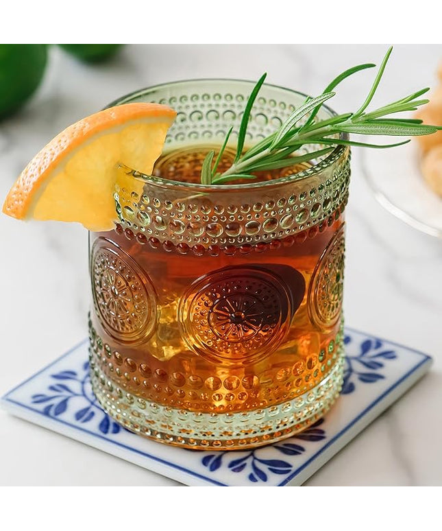 Hobnail Beaded Floral Green Drinking Glasses Set of 6, (10 oz) Vintage Glassware Set by Kate Aspen| Cocktail Glass Set, Juice Glass, Water Cups | Great Hostess Gift & Gift for New Home Owners