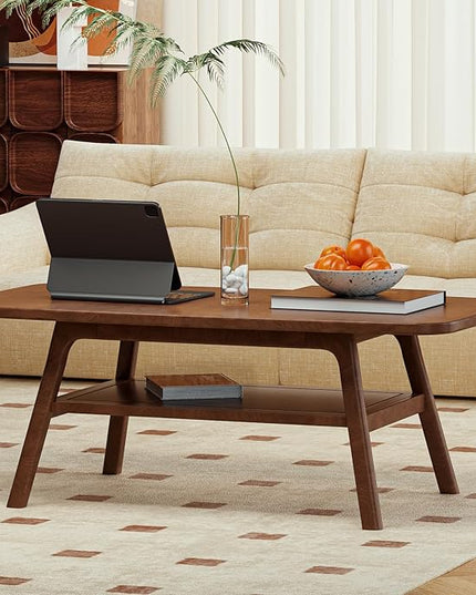 100% Solid Oak Wood Coffee Table with Storage Shelf, 2-Tier Rectangle Coffee Table for Living Room, Modern Center Table for Living Room (Walnut Colour, 47.24" W x22.05 D x 17.32" H)