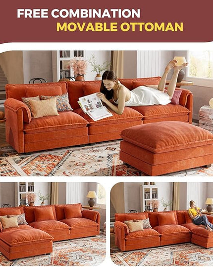 ELUCHANG Oversized 113" Modular Sectional Sofa, Comfy Cloud Couch, L Shaped Deep Seat Sofa Couches for Living Room, 4-Seater Modern Sofa with Movable Ottoman, DIY Combination - Chenille Terracotta