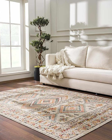 BoutiqueRugs Diem Boho Vintage Colorful Large Area Rug - Farmhouse Traditional Medallion Pink Carpet for Bedroom, Dining Room - Pink, Cream, Green, Red, Gray, Yellow - 7'10" x 10'2" (8x10)