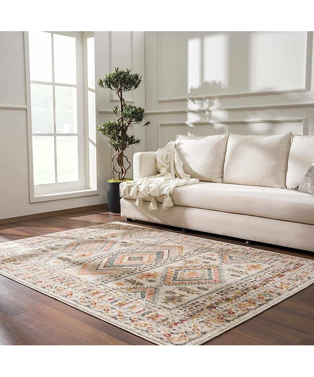 BoutiqueRugs Diem Boho Vintage Colorful Large Area Rug - Farmhouse Traditional Medallion Pink Carpet for Living Room, Bedroom - Pink, Cream, Green, Red, Gray, Yellow - 7'10" Square