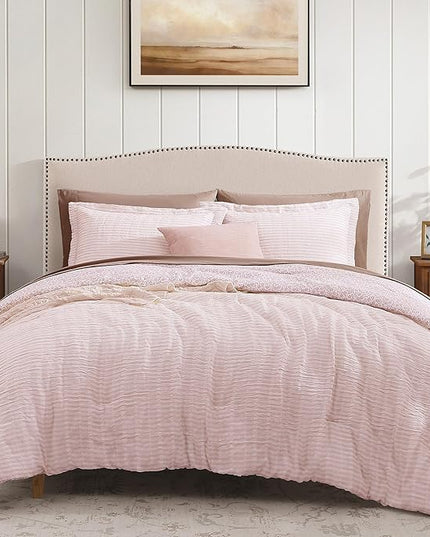 Full Comforter Set - 7 Pieces Pink Gauze Muslin Bedding Sets for All Seasons, Lightweight Breathable Bed in a Bag Full with Revesible Farmhouse Comforter, Sheets, Pillowcases & Sham