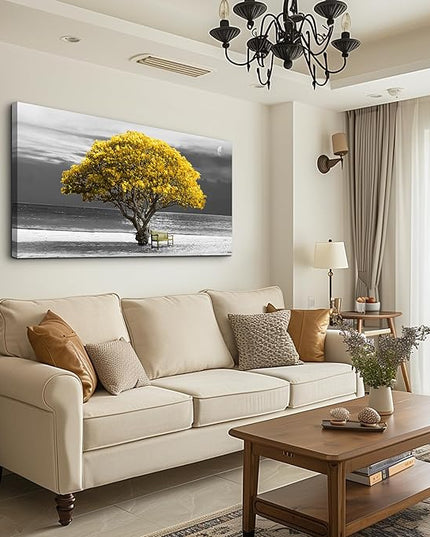 wall art for living room Decorations Photo Prints - panoramic black and white with yellow trees The moon scenery - Modern Home Decor The room Stretched and Framed Ready to Hang artwork 20X40inches