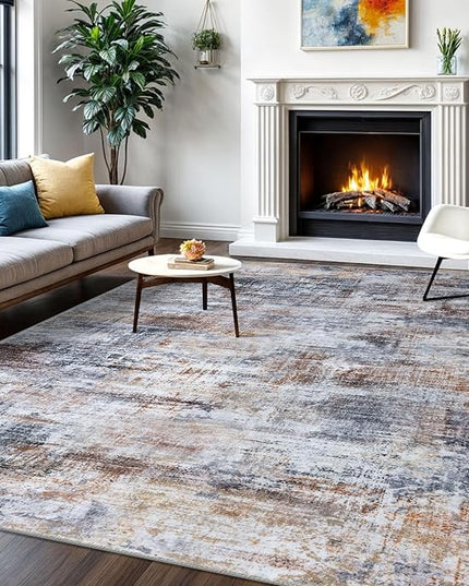 IOHOUZE Abstract Area Rugs 6x9 Ft Washable Rugs for Living Room, Non Slip Dining Room Rug, Printed Faux Wool Rugs for Bedroom, Floor Carpet for Office Nursery Playroom, Orange Grey