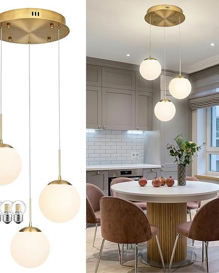 KoKo&Yukina 3-Light Globe Glass Pendant Light Modern Gold Globe Chandelier Adjustable Length Pendant Light Fixtures Milky White Glass Lights Fixture for Hallway Living Room Bedroom