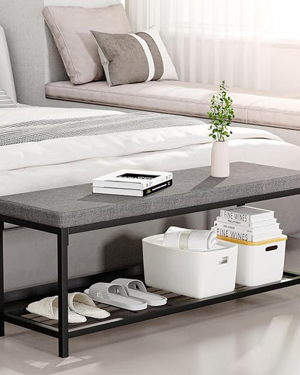 Shoe Bench, 43.3" Entryway Bench with Cushion Seat, Shoe Rack Bench with Storage, Modern Style, Holds Up to 350 lb, for Living Room, Bedroom, Hallway, Grey
