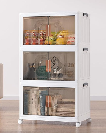 VECELO 19 Gal Stackable Storage Bins with Lid, 3 Pack Plastic Collapsible Storage Cabinet, Foldable Folding Box Organizer/Storage Container Cart with Wheel and Double Door for Home Office, White