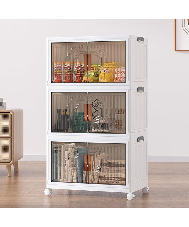 VECELO 19 Gal Stackable Storage Bins with Lid, 3 Pack Plastic Collapsible Storage Cabinet, Foldable Folding Box Organizer/Storage Container Cart with Wheel and Double Door for Home Office, White