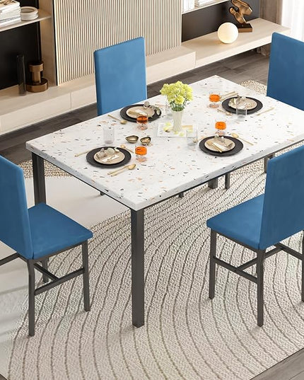 AWQM Dining Table Set for 4, Modern Marble Dining Table Set with 4 Upholstered Velvet Chairs,Dining Room Table Set for Kitchen, Breakfast Nook, Dining Room, Blue