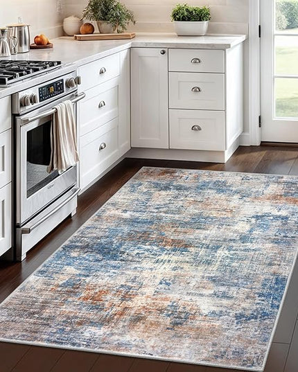 IOHOUZE Abstract Area Rug 4x6 Ft Washable Rugs for Entryway Indoor, Non Slip Small Living Room Rugs Printed Faux Wool Throw Rug, Floor Carpet for Kitchen Nursery Playroom, Blue Rust