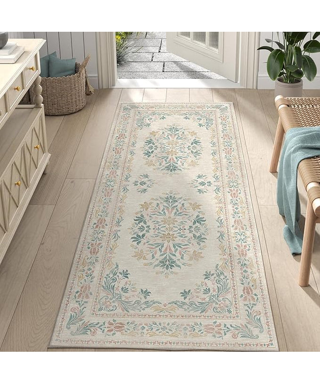jinchan Vintage Floral Runner Rug 2x6 - Machine Washable Distressed Design Non-Slip Low-Pile Soft Thin Carpet for Hallway Kitchen Farmhouse Bedroom Entryway Laundry Room (2x6ft, Apricot Multi)