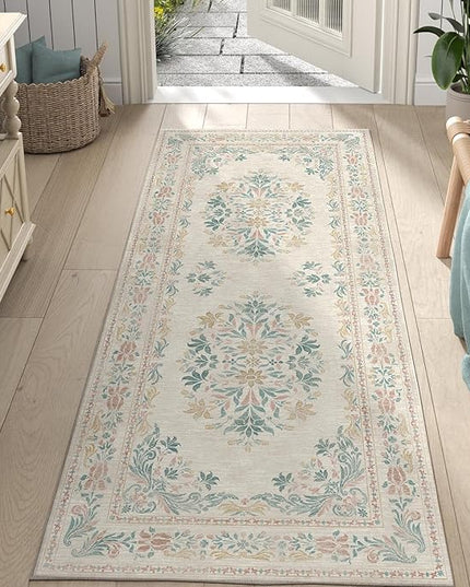 jinchan Vintage Floral Runner Rug 2x5 - Machine Washable Distressed Design Non-Slip Low-Pile Soft Thin Carpet for Hallway Kitchen Farmhouse Bedroom Entryway Laundry Room (2x5ft, Apricot Multi)