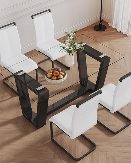 Ebullient Glass Dining Table Set for 4, Modern Dining Table Set for 4, Tempered Glass Tabletop with Black MDF Trapezoid Legs, Rectangle Kitchen Table with 4 Faux Leather Chairs for Home, Apartment