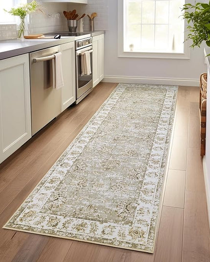 jinchan Fiora Hallway Runner Rug 3x10 Washable Runner - Vintage Floral Non Slip Low-Pile Soft Thin Faux Wool Kitchen Rug Distressed Carpet for Farmhouse Bedroom Laundry Room(3x10ft, Taupe)