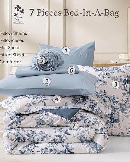 Full Comforter Set -7 Pieces Floral Blue Comforter Set for All Seasons, Bed in a Bag Full with Botanical Flowers Comforter, Sheets, Pillowcases & Shams