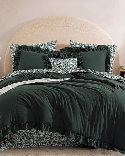 King Comforter Set - 7 Pieces Ruffle Forest Green Bedding Sets, Shabby Chic Farmhouse Bed in a Bag with Ruffle Comforter, Floral Sheets, Pillowcases & Shams