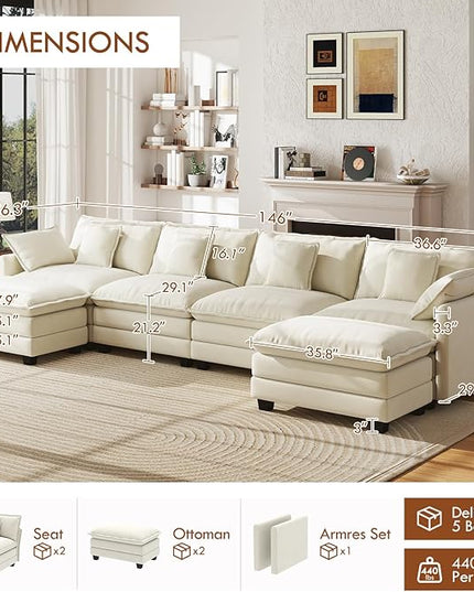 WorthFurni 146” Oversized Modular Sectional Sofa, U Shaped Cloud Couch Set, 4-Seater Comfy Chenille Couches with 2 Movable Ottomans, DIY Combination for Living Room （Beige）