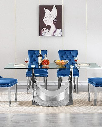 5 Piece Dining Table Set, Modern Glass Dining Table Set for 4 with Velvet Chairs, 70" Luxury Dining Table Chairs Set of 4, Kitchen Dining Room Sets for Dinner Dinette Breakfast Banquet, Blue+Silver
