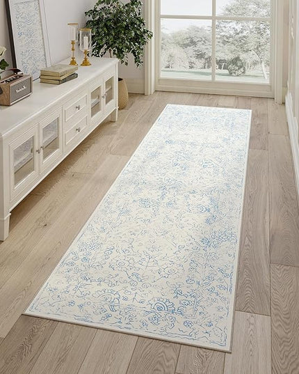 jinchan Hallway Runner Rug 2x8 Washable Kitchen Flora Faux Wool Non-Slip with Rubber Backing Soft Thin Vintage Carpet Runner for Bedroom Bathroom Laundry Room Living Room (2x8ft,Blue)