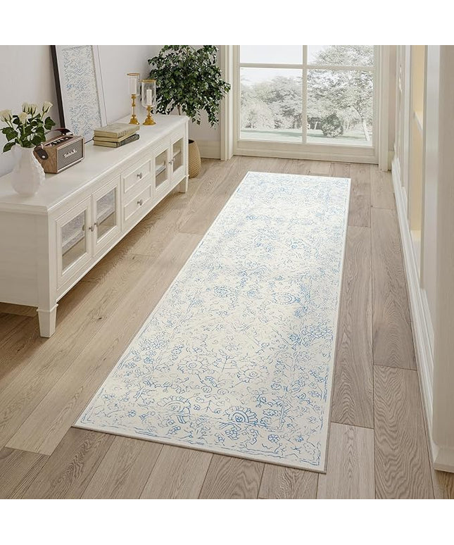 jinchan Hallway Runner Rug 2x8 Washable Kitchen Flora Faux Wool Non-Slip with Rubber Backing Soft Thin Vintage Carpet Runner for Bedroom Bathroom Laundry Room Living Room (2x8ft,Blue)
