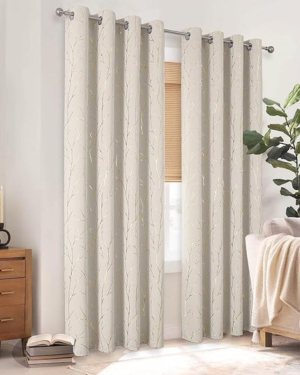 BUHUA Blackout Curtains 72 Inches Length, Thermal Curtain for Bedroom 2 Panels Set, Room Darkening Curtains with Gold Shinny Branches Tree Patern, 52W×72L Natural